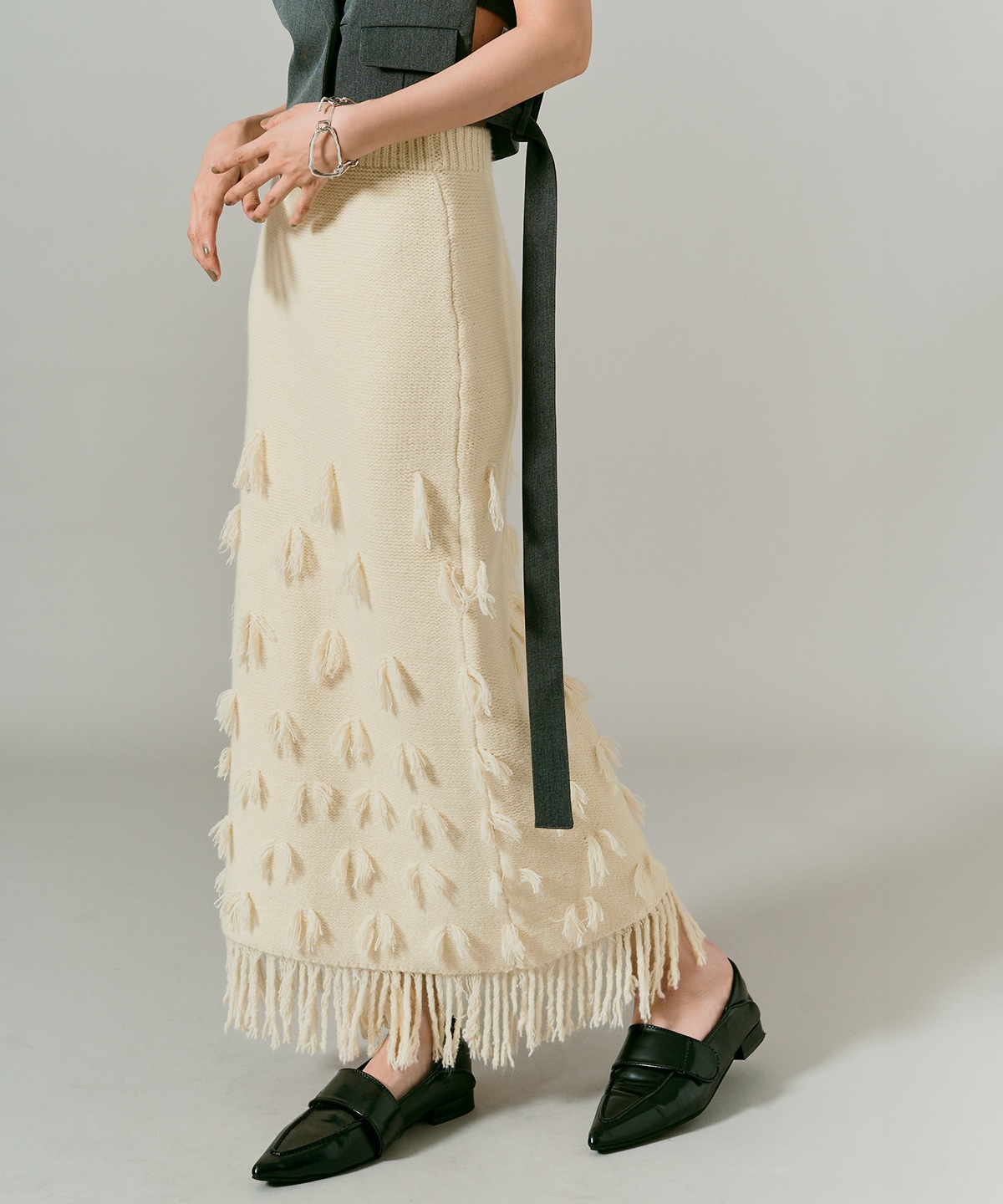 予約販売】ポイントフリンジニットナロースカート 全3色 | ボトムス