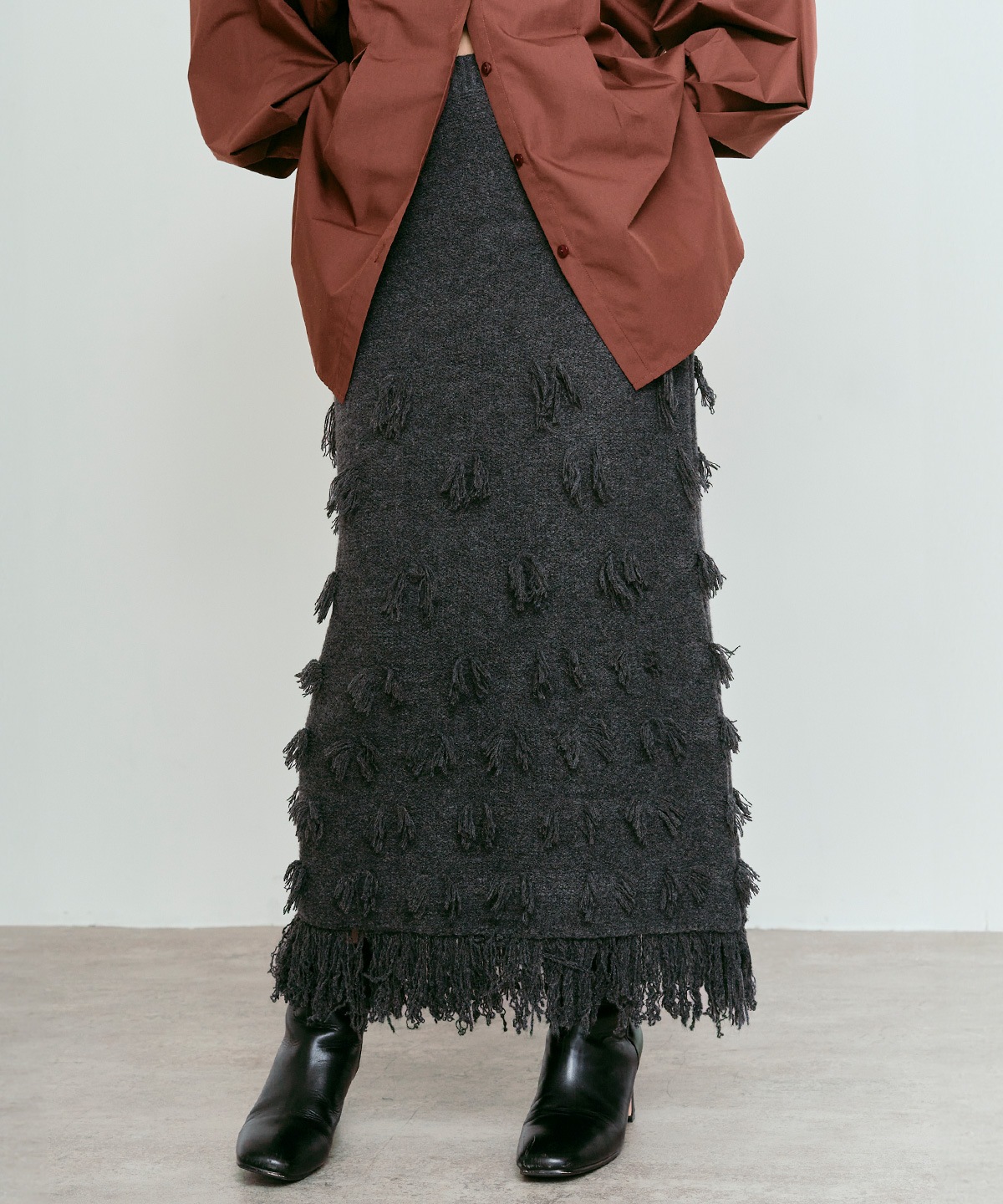 予約販売】ポイントフリンジニットナロースカート 全3色 | ボトムス