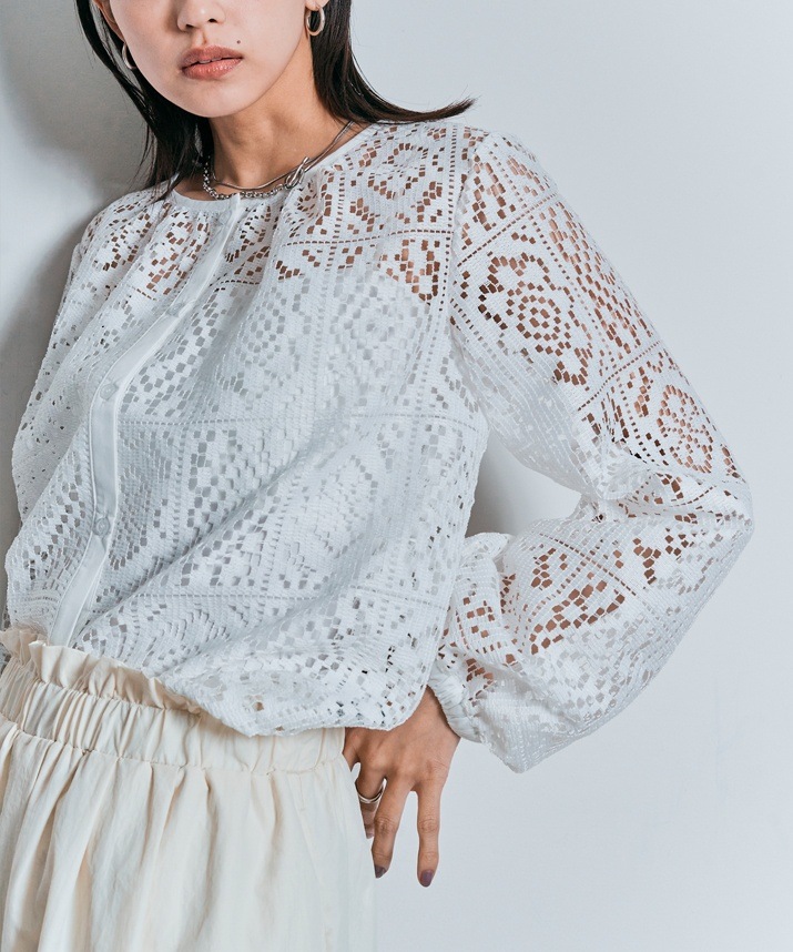 スクエアレースロングスリーブブラウス 全2色 2サイズ 【SALE】