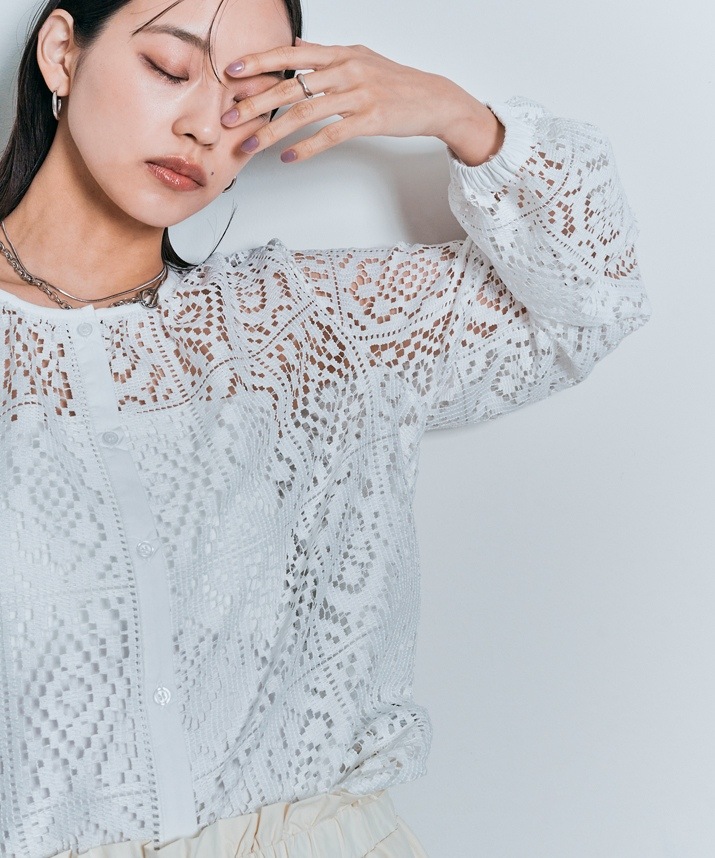 スクエアレースロングスリーブブラウス 全2色 2サイズ 【SALE】