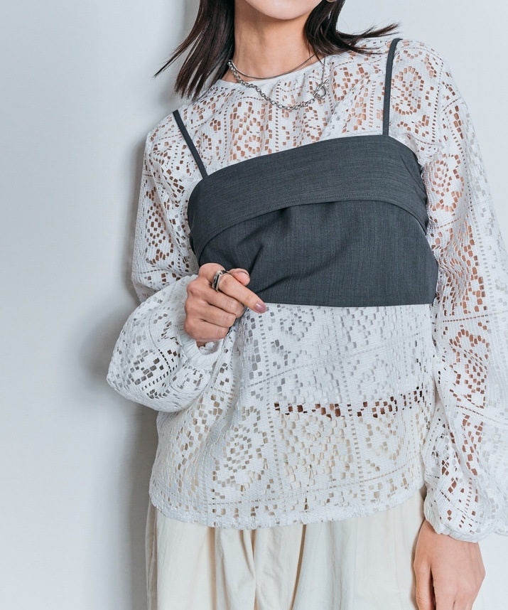 スクエアレースロングスリーブブラウス 全2色 2サイズ 【SALE】