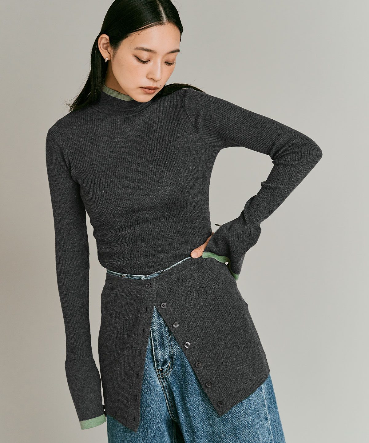 【予約販売】ウールミックスライトニット配色トップスセット 全4色