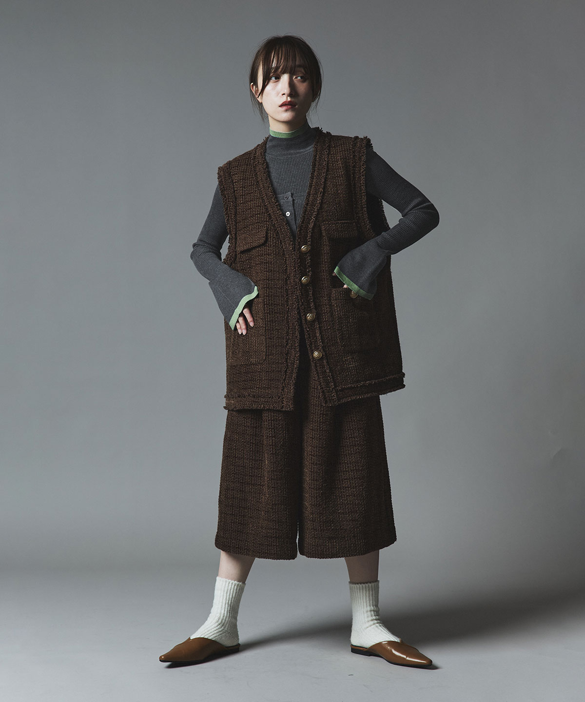 【予約販売】ウールミックスライトニット配色トップスセット 全4色