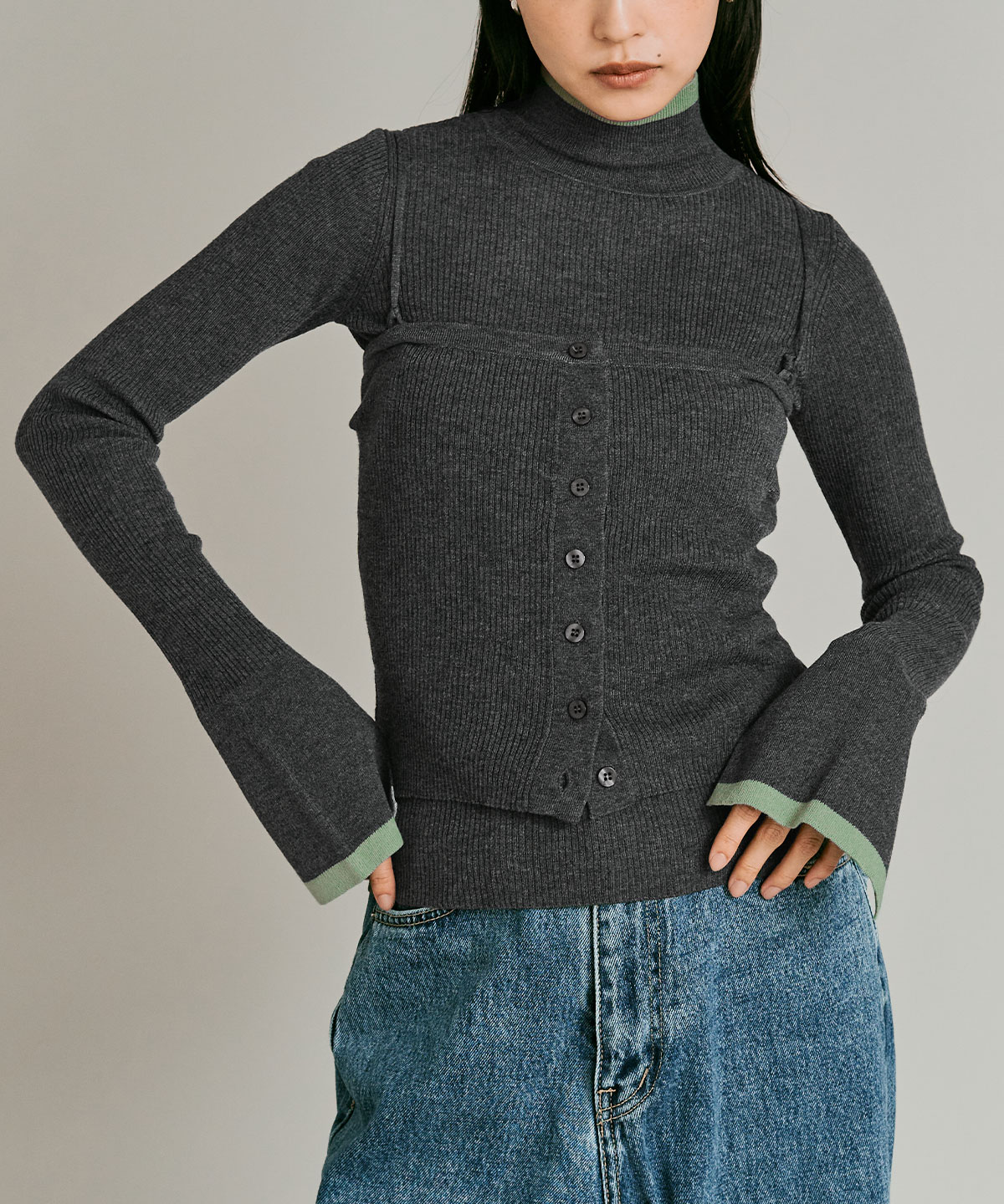 【予約販売】ウールミックスライトニット配色トップスセット 全4色