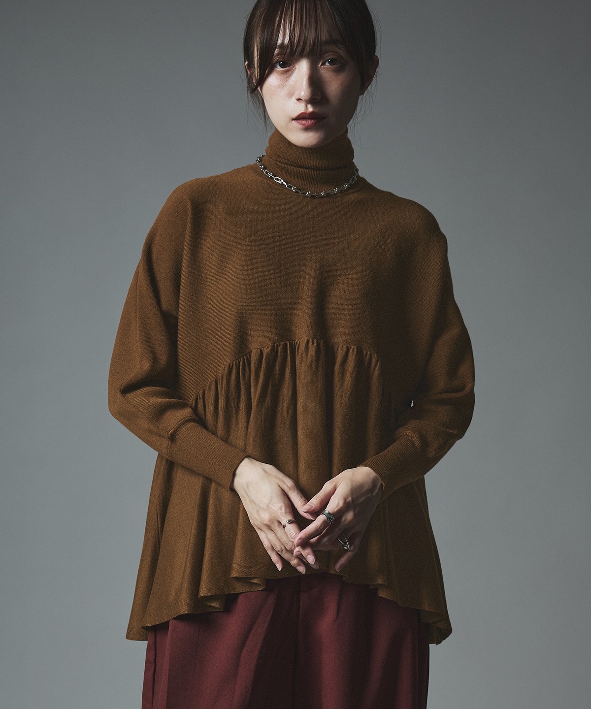 【予約販売】ウールミックスライトニットペプラムトップス 全4色