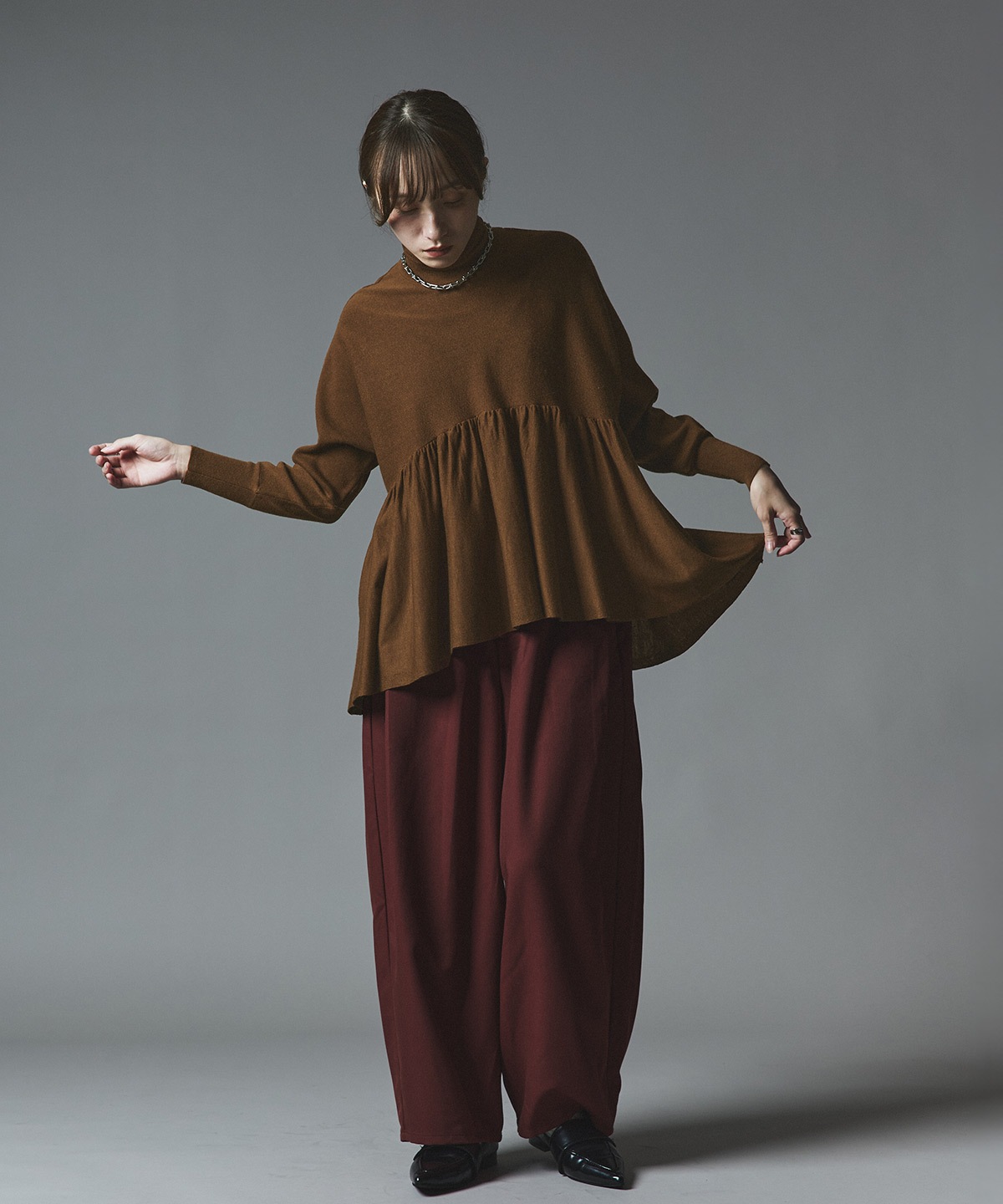 【予約販売】ウールミックスライトニットペプラムトップス 全4色