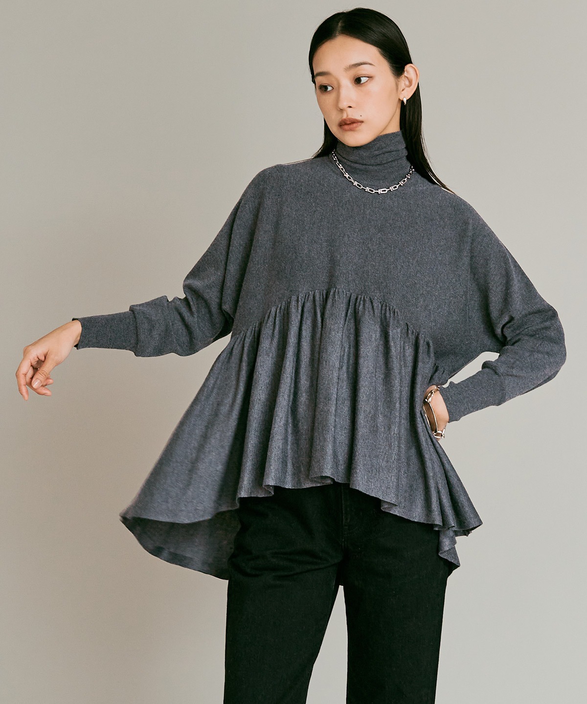 【予約販売】ウールミックスライトニットペプラムトップス 全4色