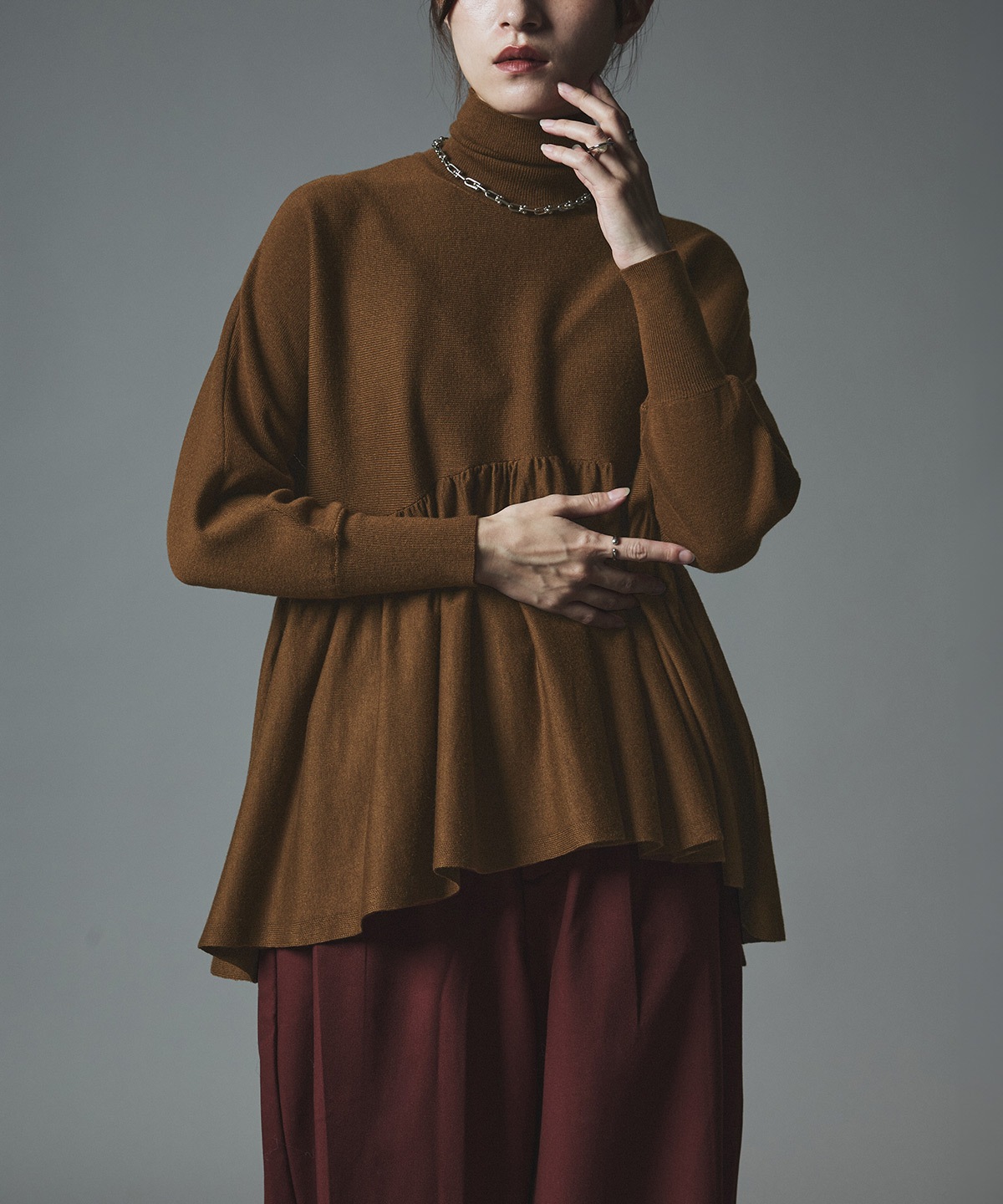 【予約販売】ウールミックスライトニットペプラムトップス 全4色