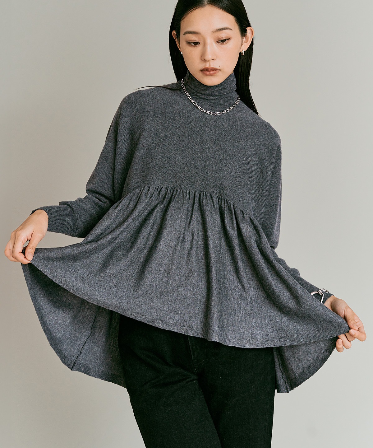 【予約販売】ウールミックスライトニットペプラムトップス 全4色