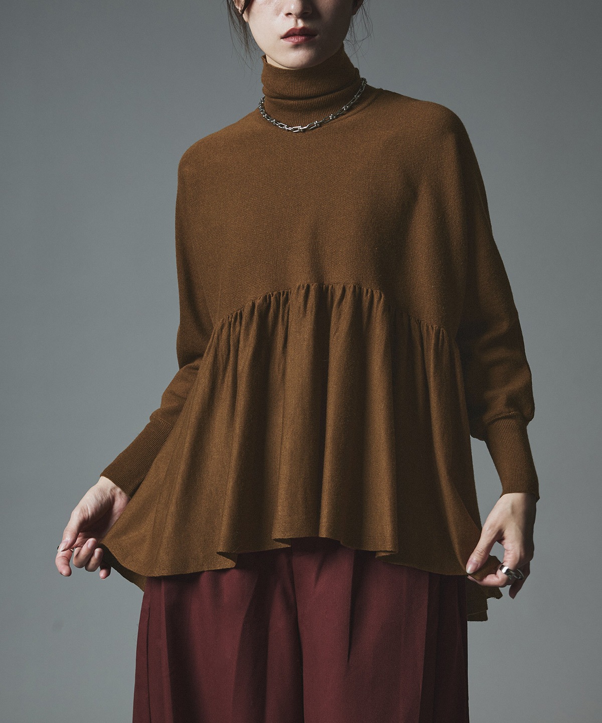 【予約販売】ウールミックスライトニットペプラムトップス 全4色