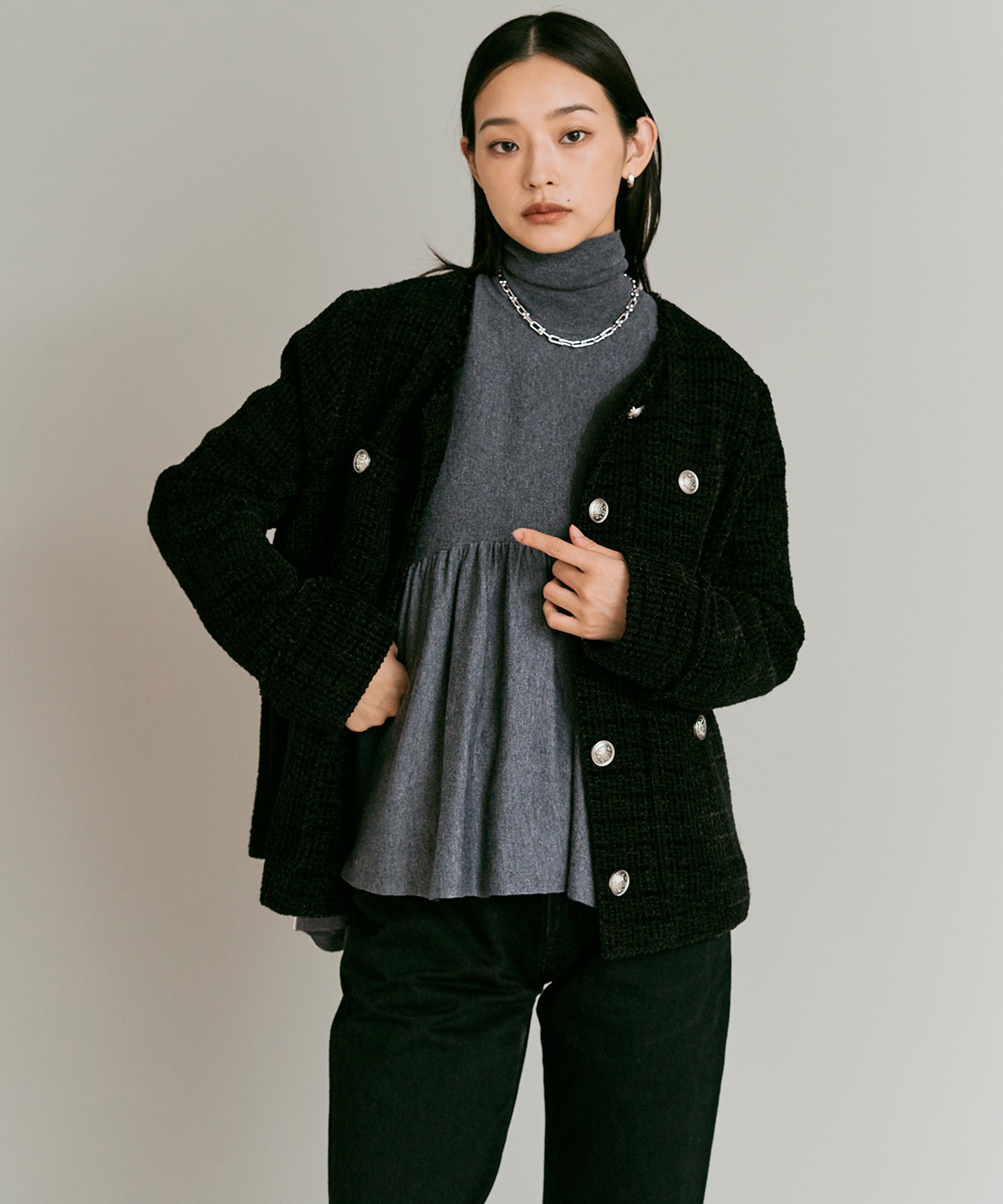 【予約販売】ウールミックスライトニットペプラムトップス 全4色