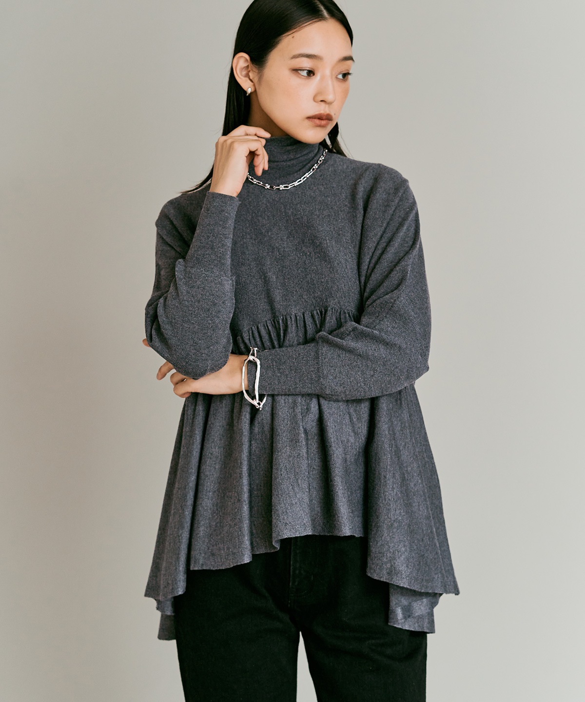 【予約販売】ウールミックスライトニットペプラムトップス 全4色