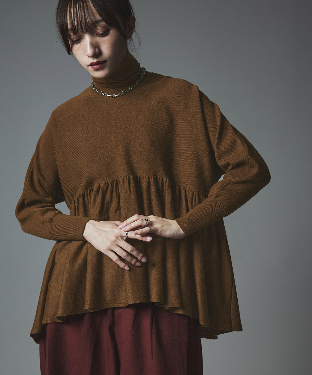 【予約販売】ウールミックスライトニットペプラムトップス 全4色