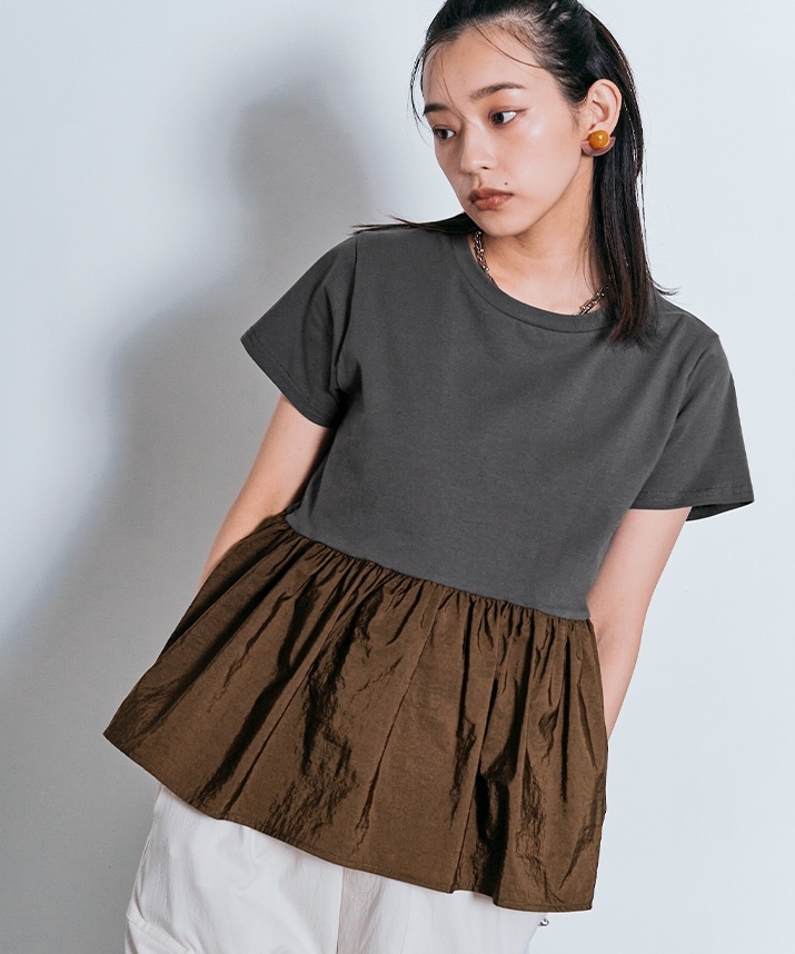 切り替え配色ペプラムTシャツ 全4色 2サイズ | トップス