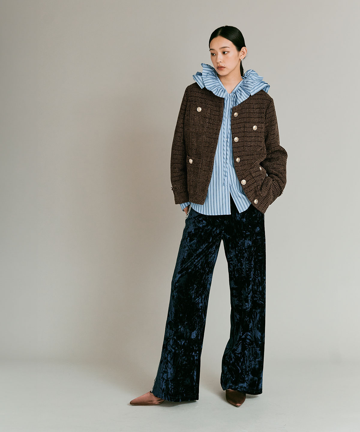 ●新作●ミックス ツィード ほっこり暖かい ウール100％ Vネック 前後２WAY ワンピース ジャンスカ B90 ウールミックスツイードノーカラージャケット | アウター,ジャケット