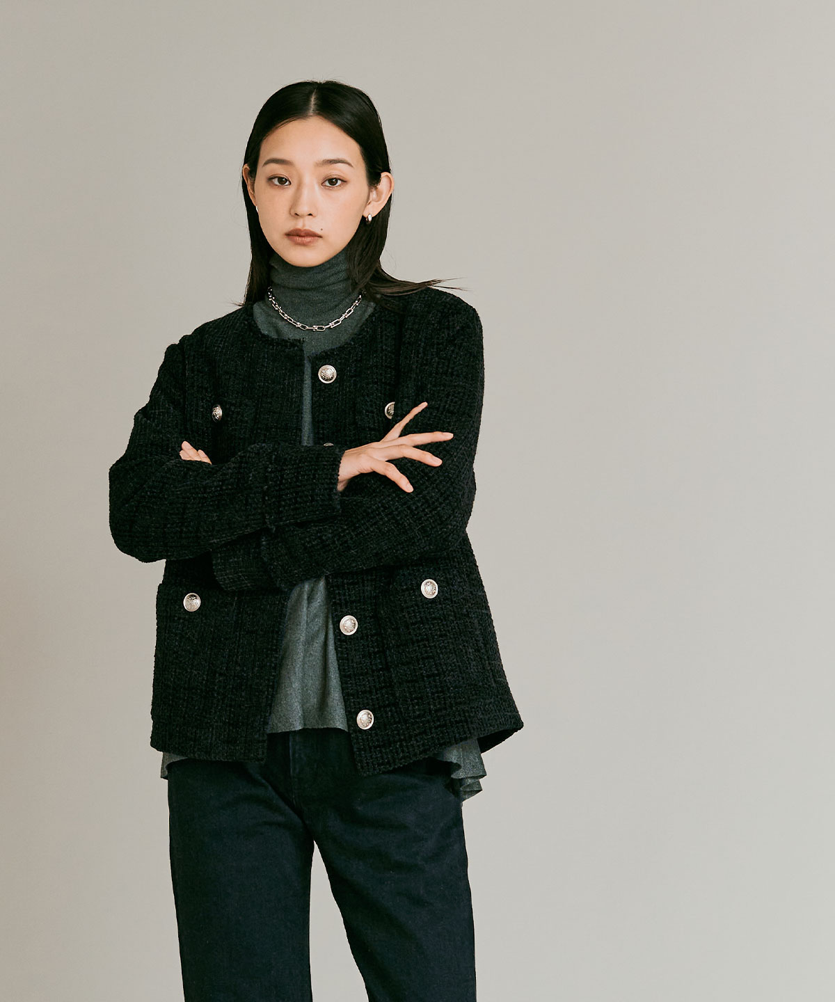 予約販売】ウールミックスツイードノーカラージャケット