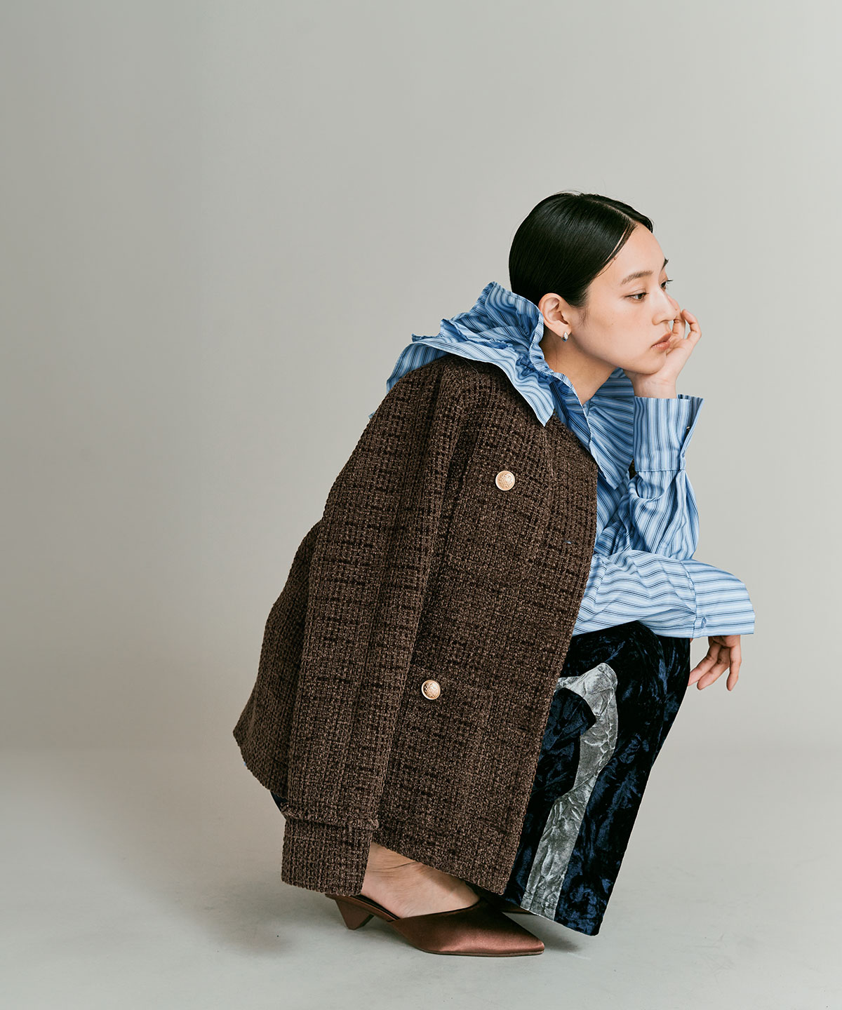 ●新作●ミックス ツィード ほっこり暖かい ウール100％ Vネック 前後２WAY ワンピース ジャンスカ B90 ウールミックスツイードノーカラージャケット | アウター,ジャケット