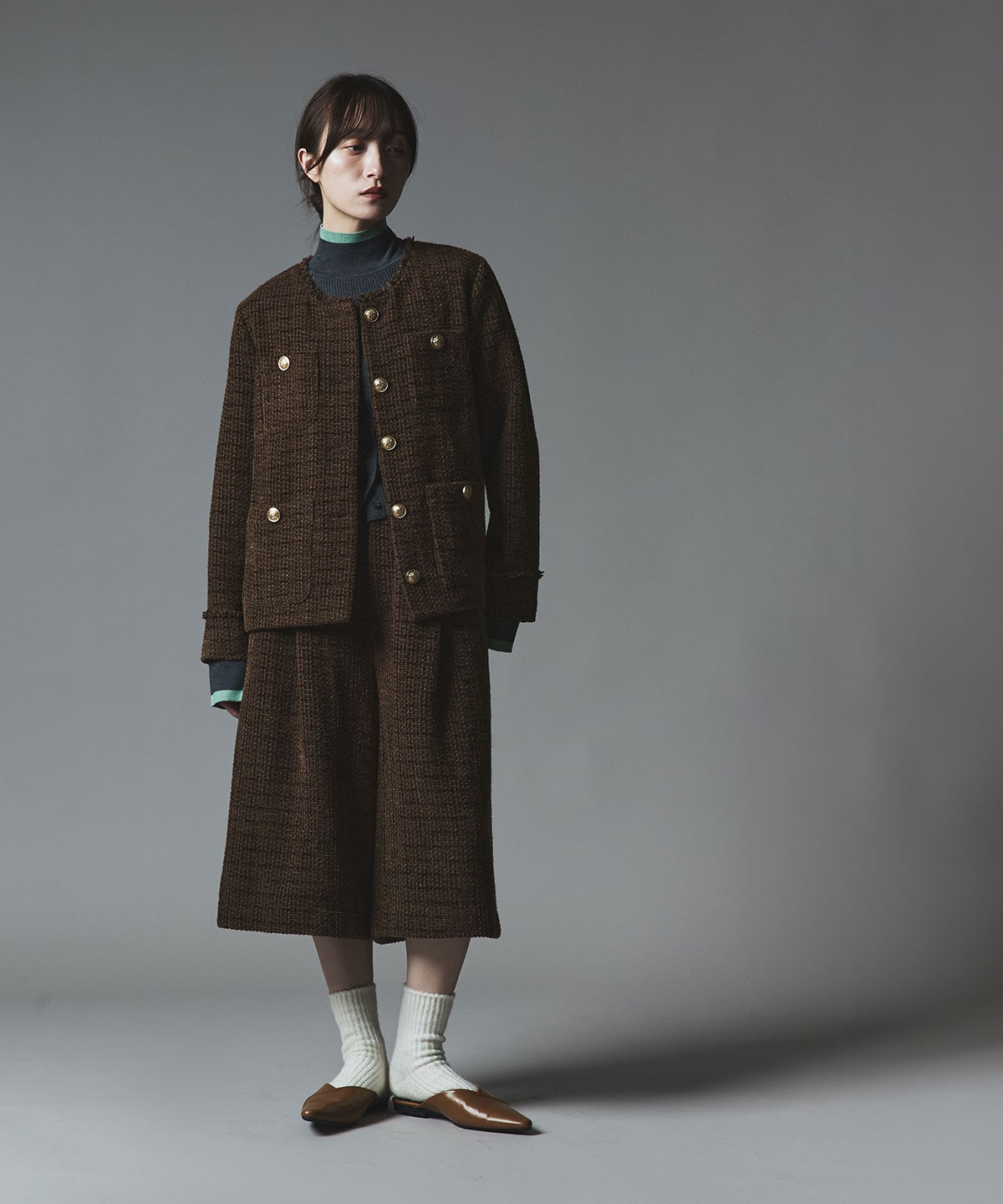 ウールミックスツイードノーカラージャケット | アウター,ジャケット