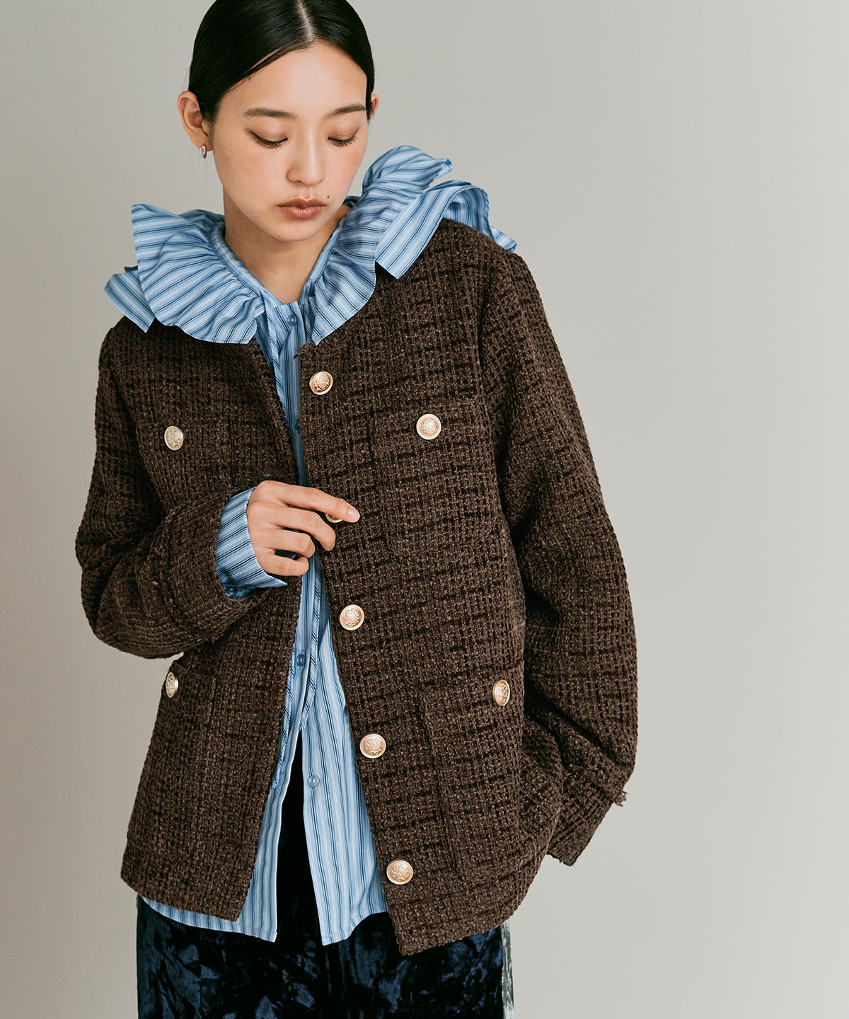 予約販売】ウールミックスツイードノーカラージャケット