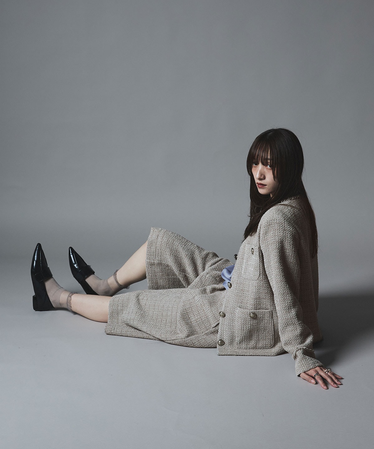 ●新作●ミックス ツィード ほっこり暖かい ウール100％ Vネック 前後２WAY ワンピース ジャンスカ B90 ウールミックスツイードノーカラージャケット | アウター,ジャケット