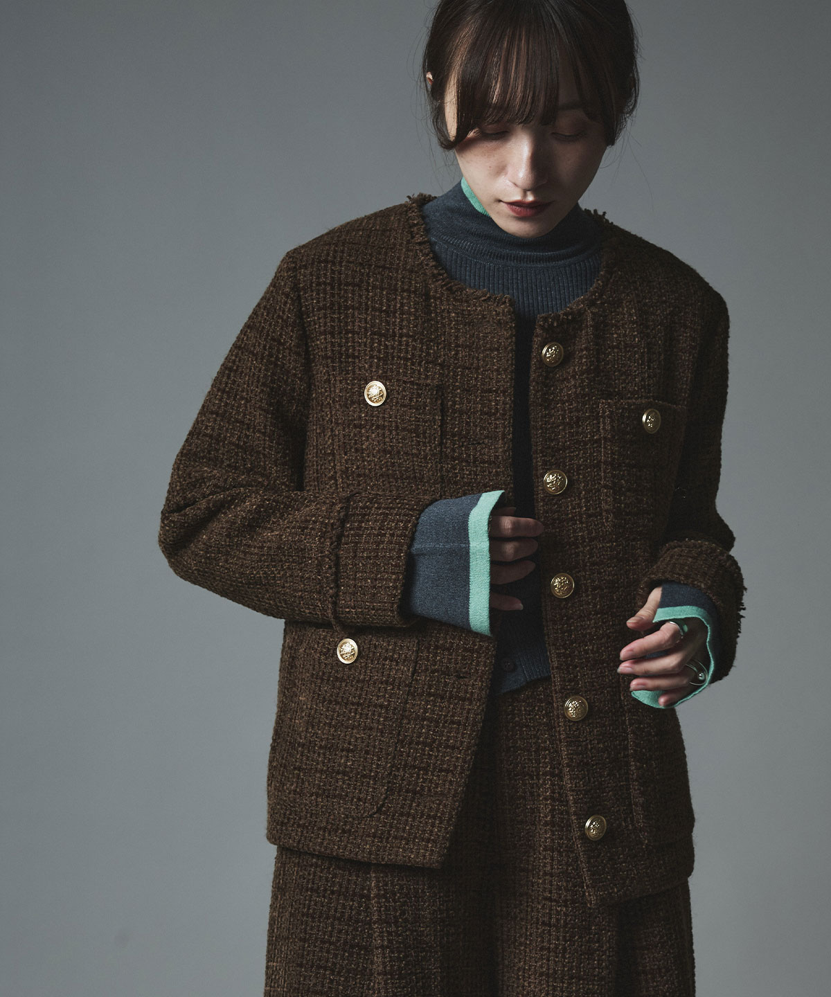 予約販売】ウールミックスツイードノーカラージャケット