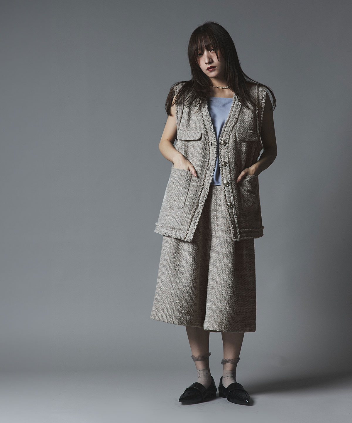 予約販売】ウールミックスツイードオーバーベスト | アウター