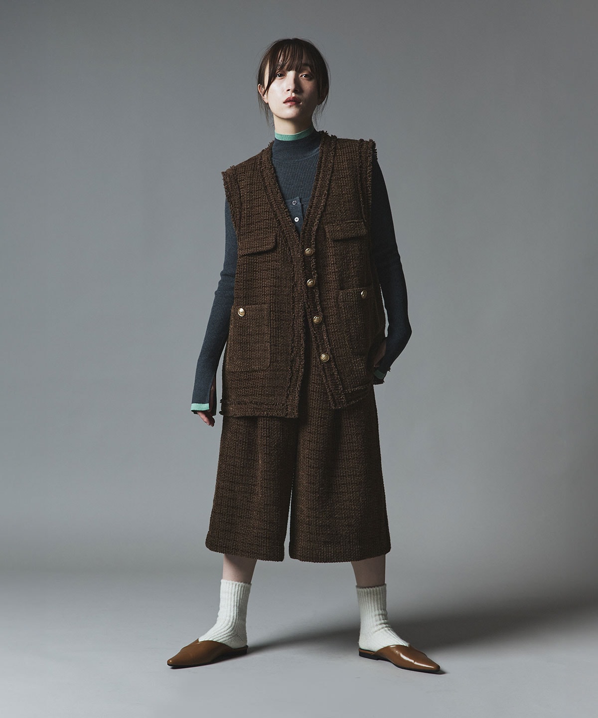 ●新作●ミックス ツィード ほっこり暖かい ウール100％ Vネック 前後２WAY ワンピース ジャンスカ B90 ウールミックスツイードノーカラージャケット | アウター,ジャケット