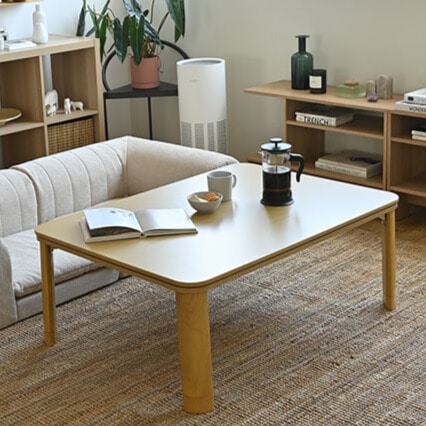 フラットモリス こたつ 105x75cm  大きくて目立たなくて温まりやすい設計のヒーター。シーズンオフもオシャレに1年中使いやすいテーブルコタツ。