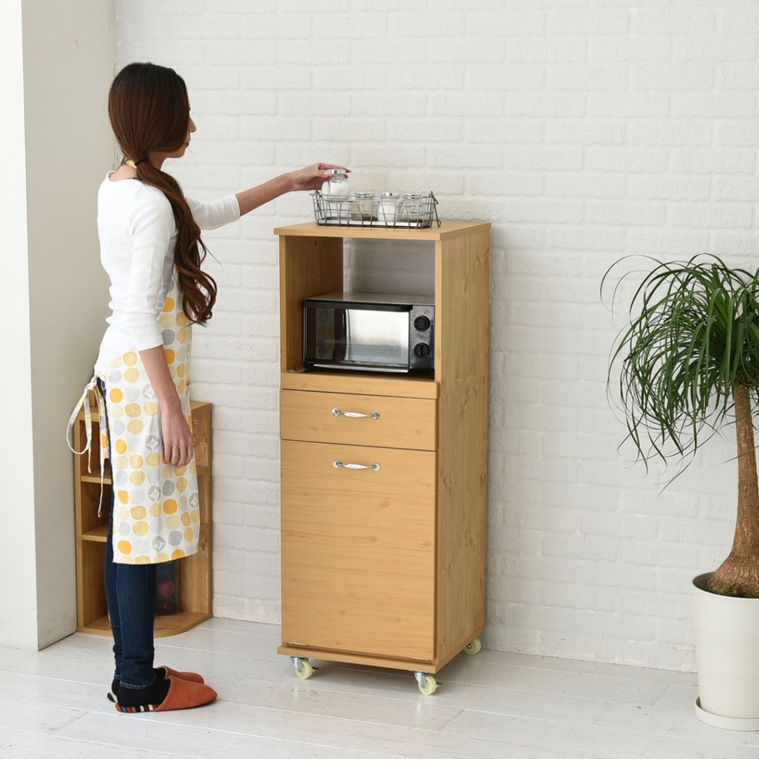 キャスター付きペールワゴン食器棚 W45×H120 シンプルで必要な機能を備えたゴミ箱付キッチン収納