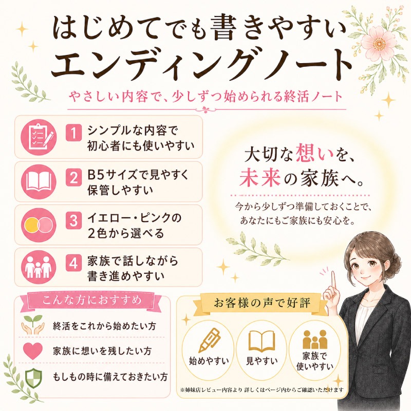 エンディングノート1冊 喪中はがき用紙 10枚 2点セット 終活 B5サイズ ノート 年賀欠礼 寒中見舞い ハガキ 