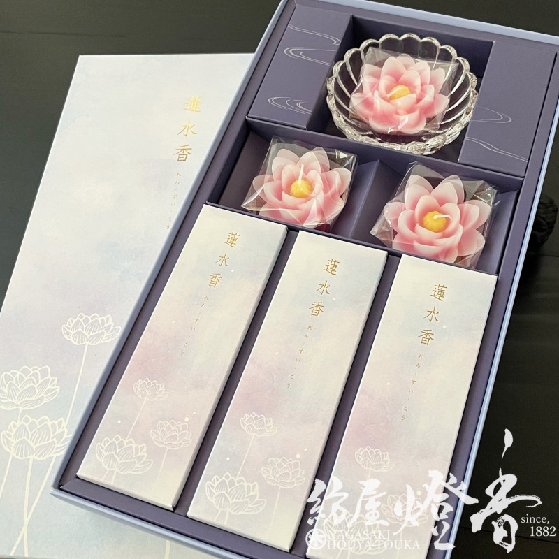 線香相談 ご贈答/進物『浮きローソク・線香詰合せ【蓮水香-白檀の香り-/ピンク