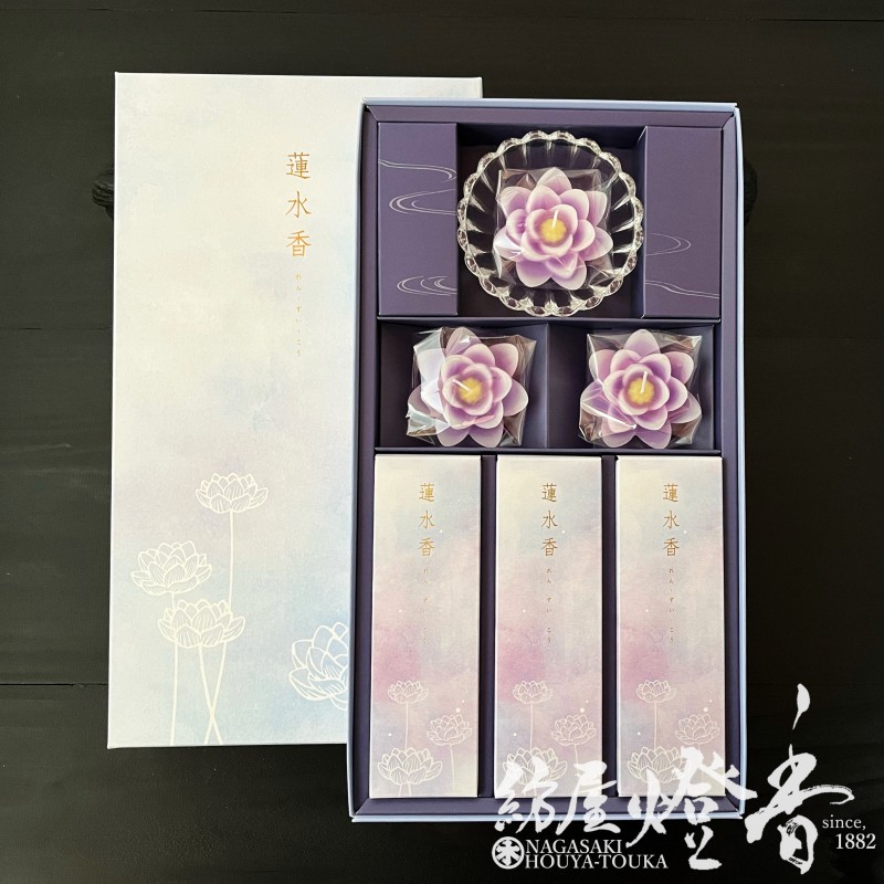 KAMEYAMA カメヤマ ★★★浄雅(蓮紫) 線香・ローソクセット T9617-00-00 蓮水香 白檀の香り／蓮ローソク（紫）のし有り｜カメヤマローソク