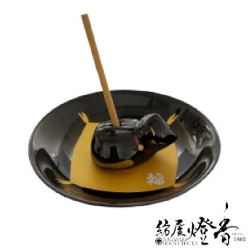 香器『香立付香皿【福ねこ/クロ-FUKUNEKO-】香立て＆香皿セット紙箱入