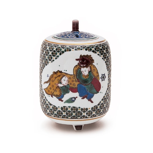 九谷焼　香炉　唐子　唐絵　すかし蓋付き　木箱付き　昭和　レトロ　床の間　金彩 九谷焼 香炉 唐子 唐絵 すかし蓋付き 木箱付き 昭和 レトロ