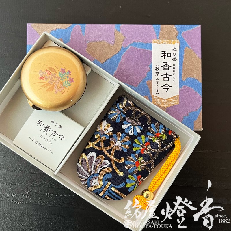 ぬり香/練り香水『和香古今(わのかここん)【牛若の香り/秋草柄/紺色
