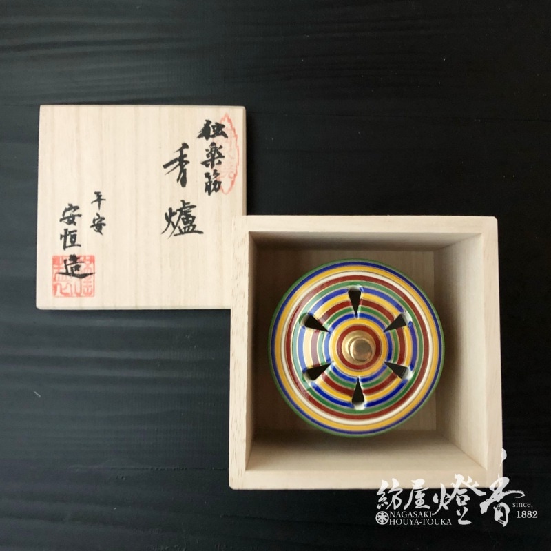 稀少な浦野乾哉(六世乾山)作色絵柄香炉共箱入 龍心堂の香器『香炉【独楽筋(こますじ)】[京焼・清水焼/安恒]空焚用