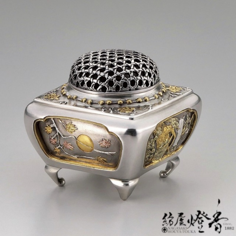 香炉/香器『高岡銅器【角型四季香炉】銀製/青鳳作』竹中銅器