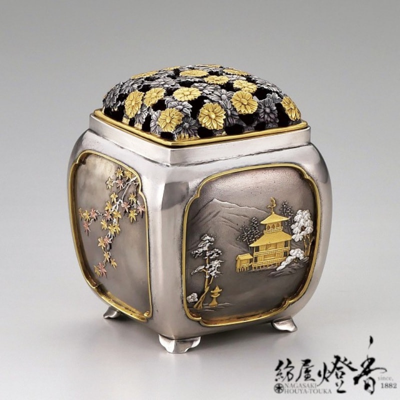 香炉/香器『高岡銅器【菊蓋秋景香炉】銀製/津雪作』竹中銅器