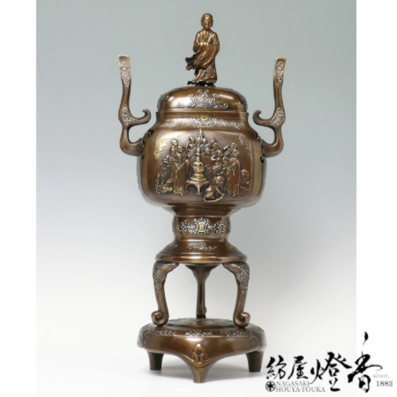 香炉/白銅香炉/瑞雲/吉祥松竹梅/高岡銅器/共箱、栞付/銀色仕上/置物/茶道具 香炉/白銅香炉/瑞雲/吉祥松竹梅/高岡銅器/共箱 栞付き/銀色仕上