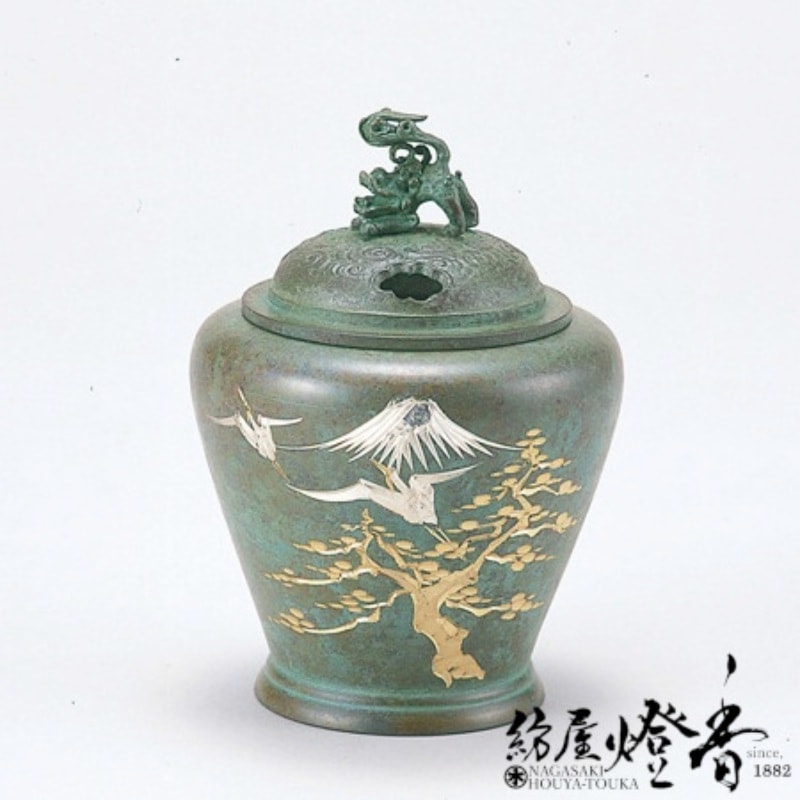 鉄製品　香炉 香炉/香器『高岡銅器【鉄鉢型獅子蓋香炉/鶴彫金/焼青銅色】銅製』竹中