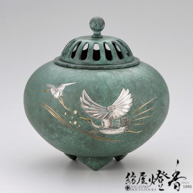 董芸】高岡銅器 名匠 晃真 作 銅製 孔雀摘龍耳鶴足 香炉 香炉/香器