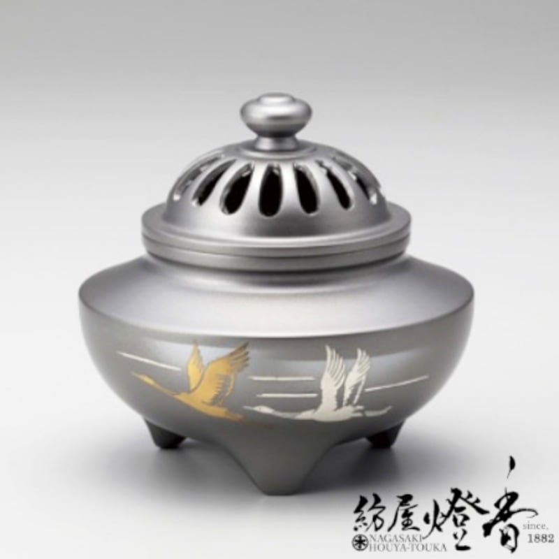 香炉/香器『高岡銅器【玉利久双鶴/銀梨地メッキ香炉】銅製・正晴作[空