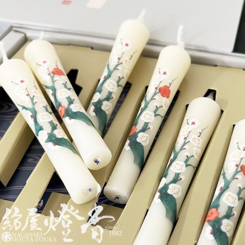 花/絵蝋燭ギフト『天然蜜蝋配合【和蝋型絵ろうそく・白梅/6本入】紙箱