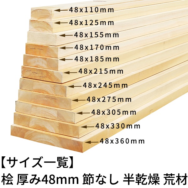 桧板 厚み48×幅275×長さ600mm 節無し 無塗装 半乾燥材 荒材(のこ引き材