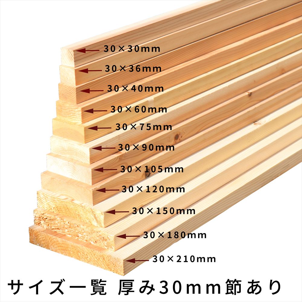 杉 角材 厚み30×幅75×長さ3000mm 1本入り 節有り 無塗装 乾燥材 対面