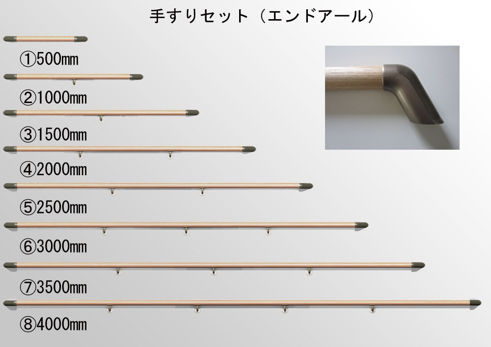 3.0m 木製手すりセット エンドアール(丸棒3000mmφ35mm1本・壁付用