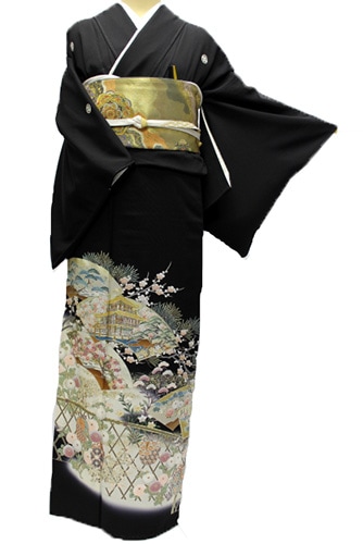 正絹黒留袖レンタルフルセット「垣に仕覆・地紙に草花と金閣寺