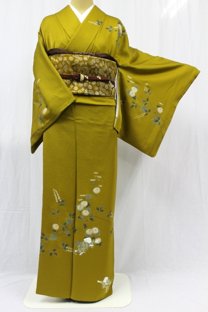 小紋　フルセット　黄色　着物　正絹　草　花　トールサイズ　170cm 正絹訪問着レンタルフルセット「花に童子」 | すべての商品 | きもの