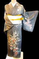 夏着物　正絹　訪問着　フルセット　単衣　たたき染め　白黒　モノトーン　枝　O6 夏着物 正絹 訪問着 フルセット 単衣 たたき染め 白黒
