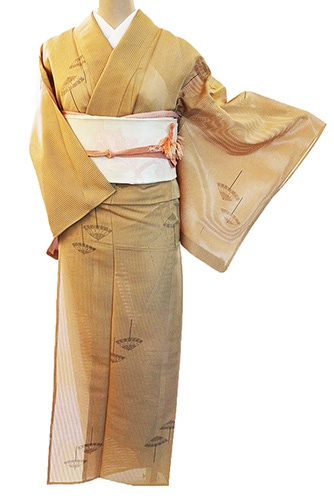 変わり絽 夏着物 正絹“涼の舞台にふわっと舞い上がる芝草と小桜♪”小紋 D-68 正絹絽小紋レンタルフルセット「縦絽/傘飛び柄」 | レンタル着物